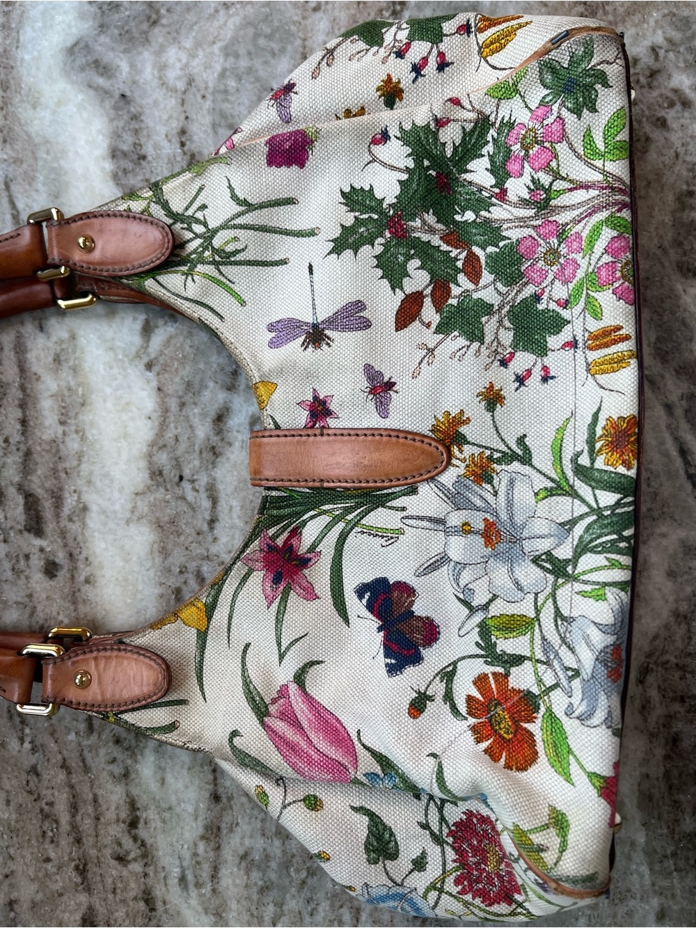Gucci Flora 2 Handle Purse Canvas Leather Multi Color & Colorful Floral GoldRARE - Picture 8 of 15